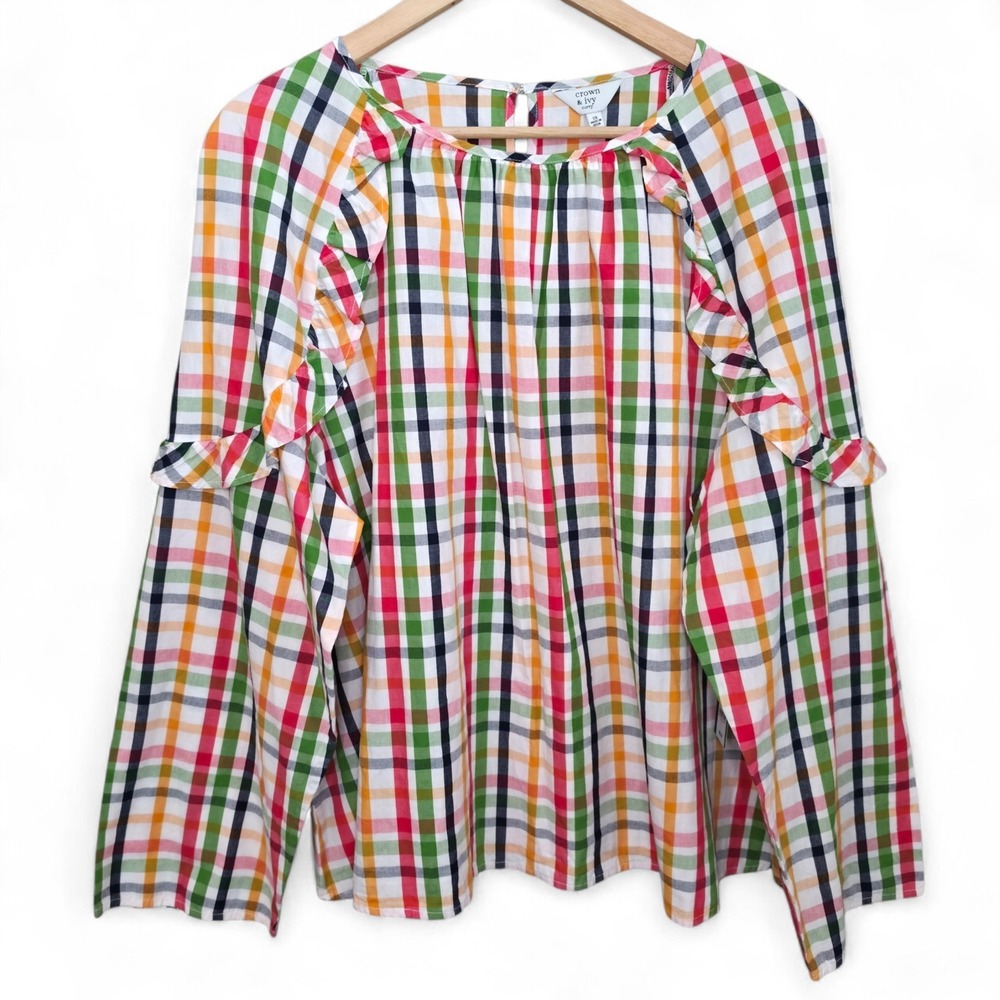 Crown & Ivy Top Womens Plus 2X Green Pink Peasant Blouse Ruffle Keyhole Button